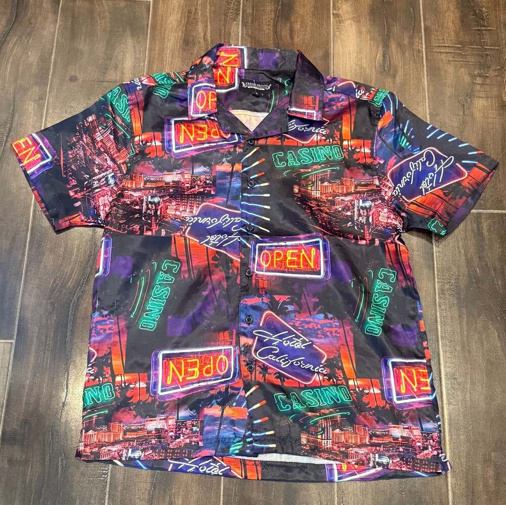 Fresh Prints Mens Large Hotel California Neon Casino  Shirt